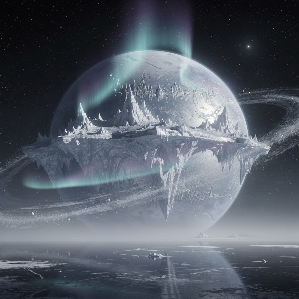 AI generated: Create a Sci-Fi image of a planet. A Rogue Ice World, Planet. Within the Void of Space.

Do not use ...