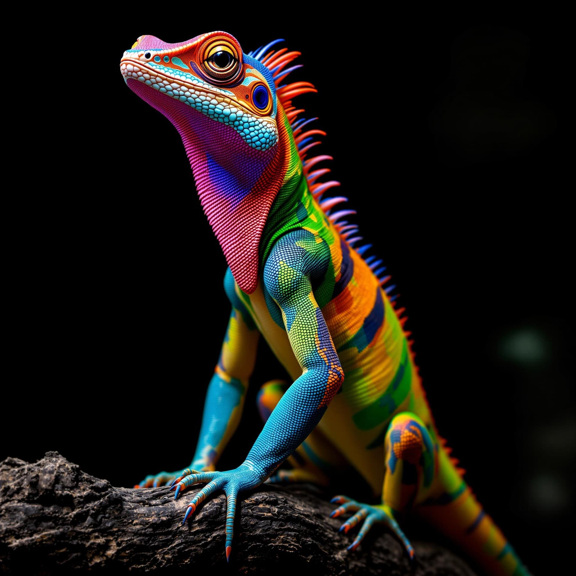AI generated: The image features a large, colorful lizard with a long neck and a long tail. The lizard is sitting ...