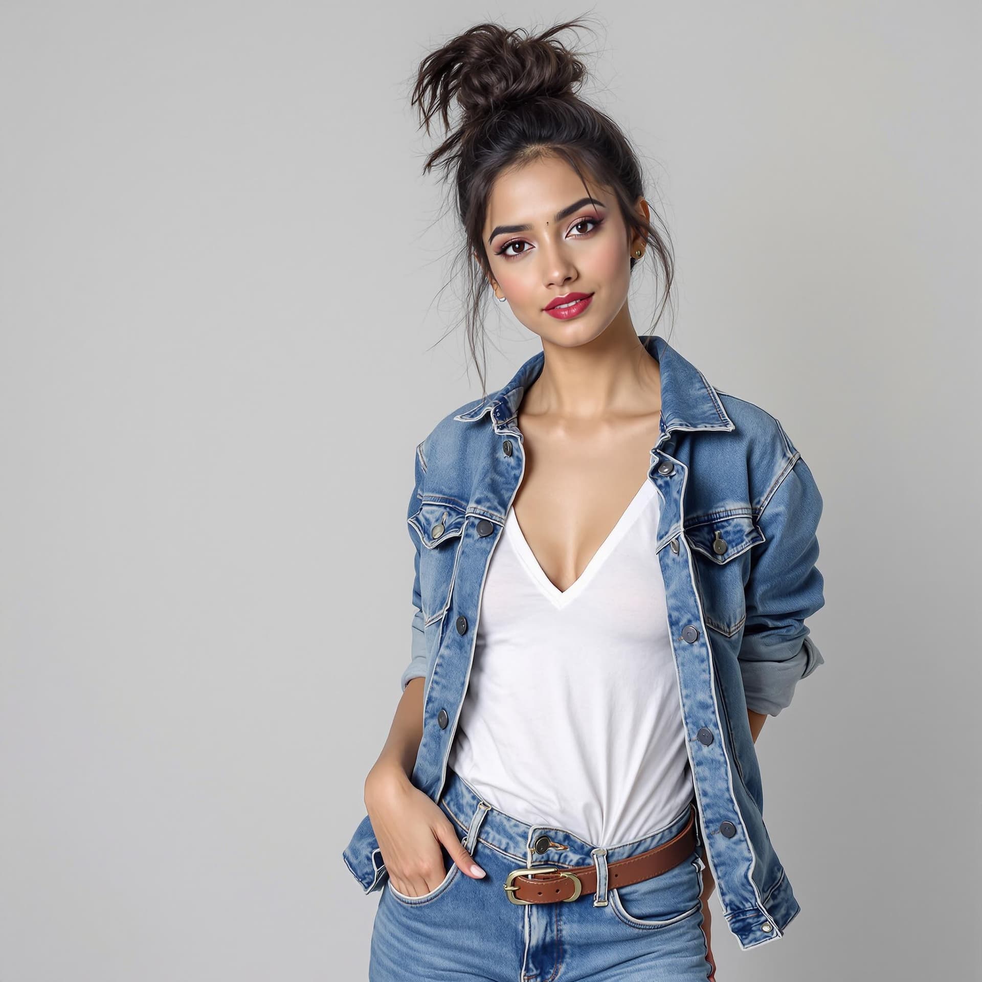 AI generated: A young Beautiful Indian woman in a casual and confident pose, standing slightly angled to her left ...