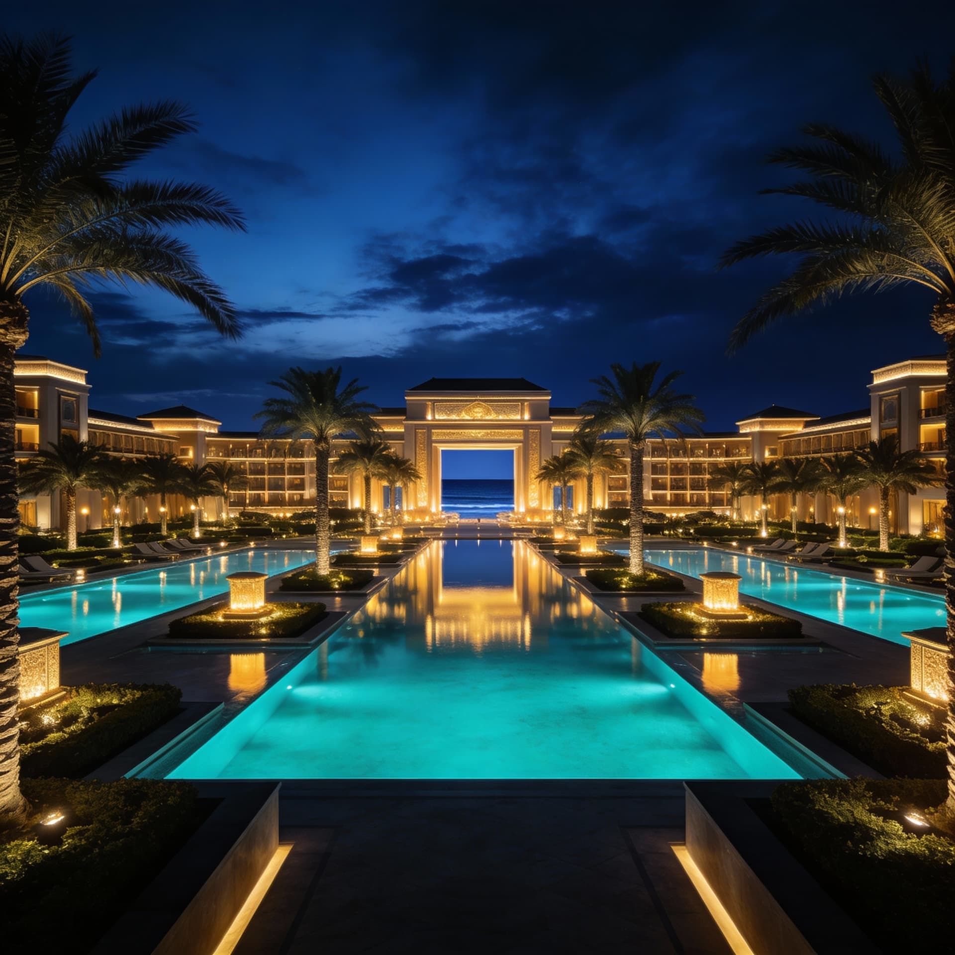 AI generated: 1) Main Prompt
Cinematic architectural photography of an ultra-luxury coastal resort at deep twiligh...