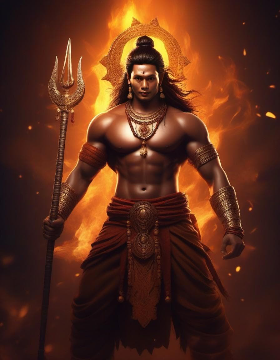 AI generated: Lord Shiva, Indian mythology, one piece character, symmetric body, wielding a trishula, full body, e...