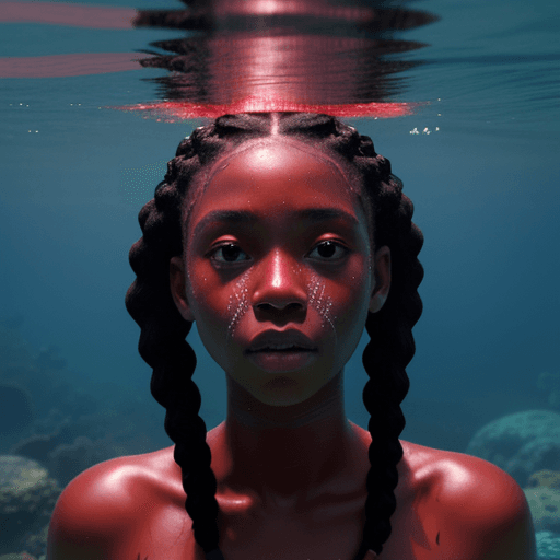 AI generated: fully clothed black girl with braids struggling to breathe underwater, a red glow cast around her, h...