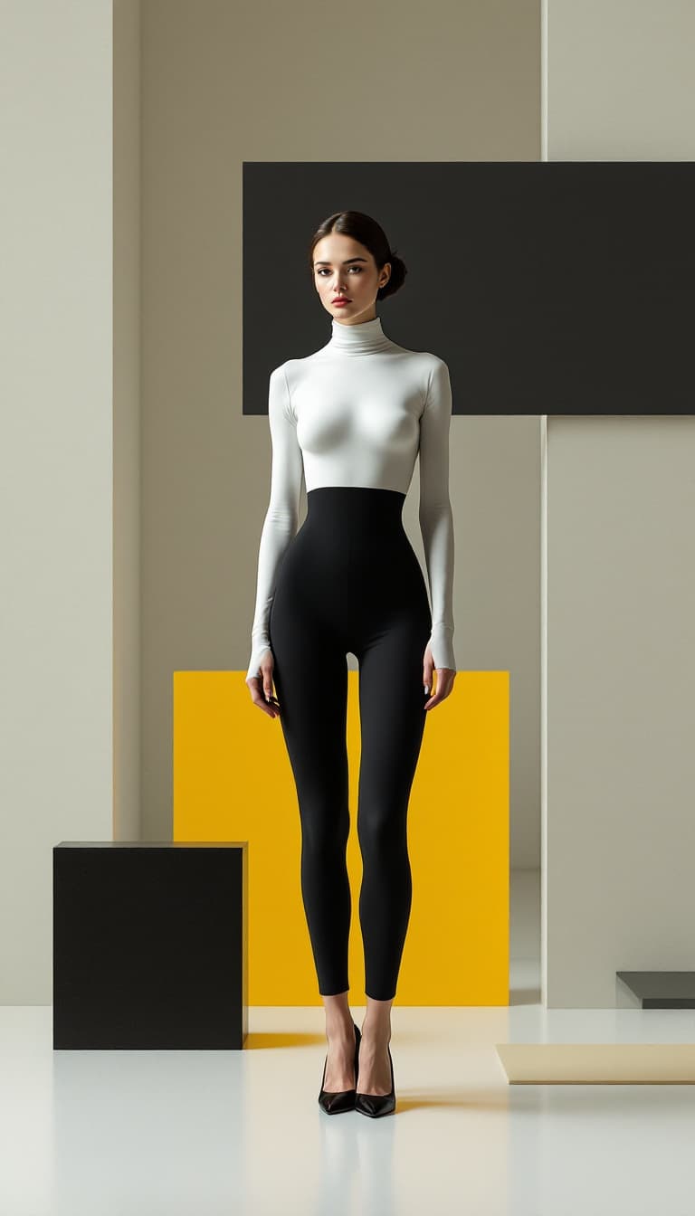 AI generated: Taking inspiration from the Bauhaus movement and Oskar Schlemmer, a stark and minimalist full-body p...