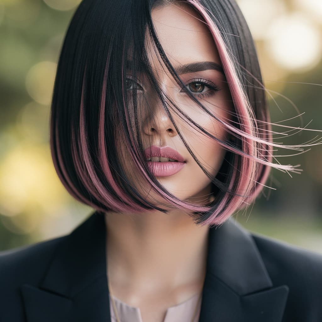 AI generated: a closeup of Angelina jolie type of model with bob-cut straight black hair,with pink balayage highli...