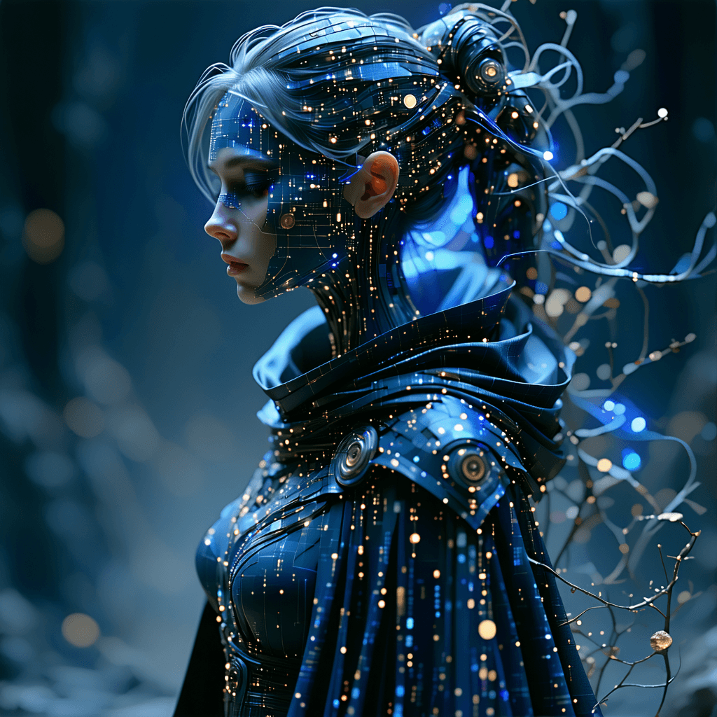AI generated: A regal code sculptor, her form seemingly made of shifting lines and numbers and her clothing changi...