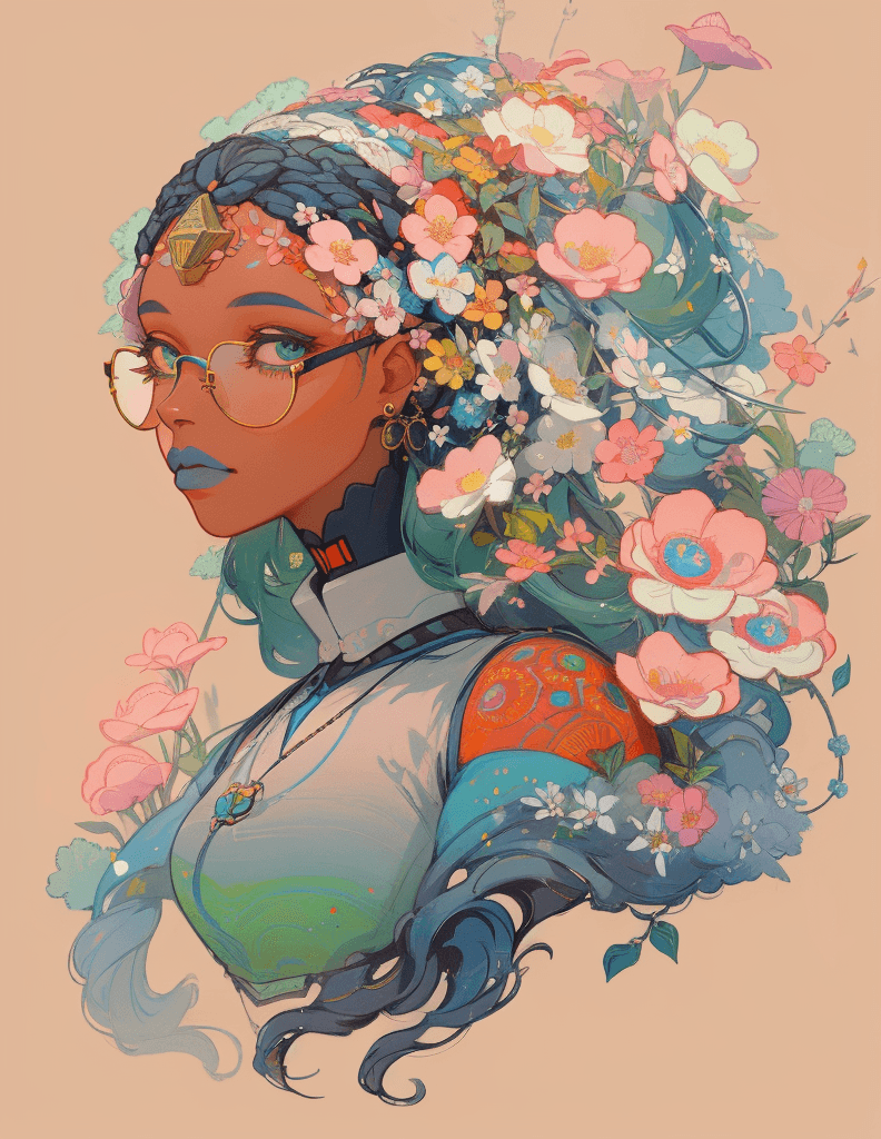 AI generated: a painting of a woman with flowers in her hair, a character portrait, inspired by James Jean, trendi...