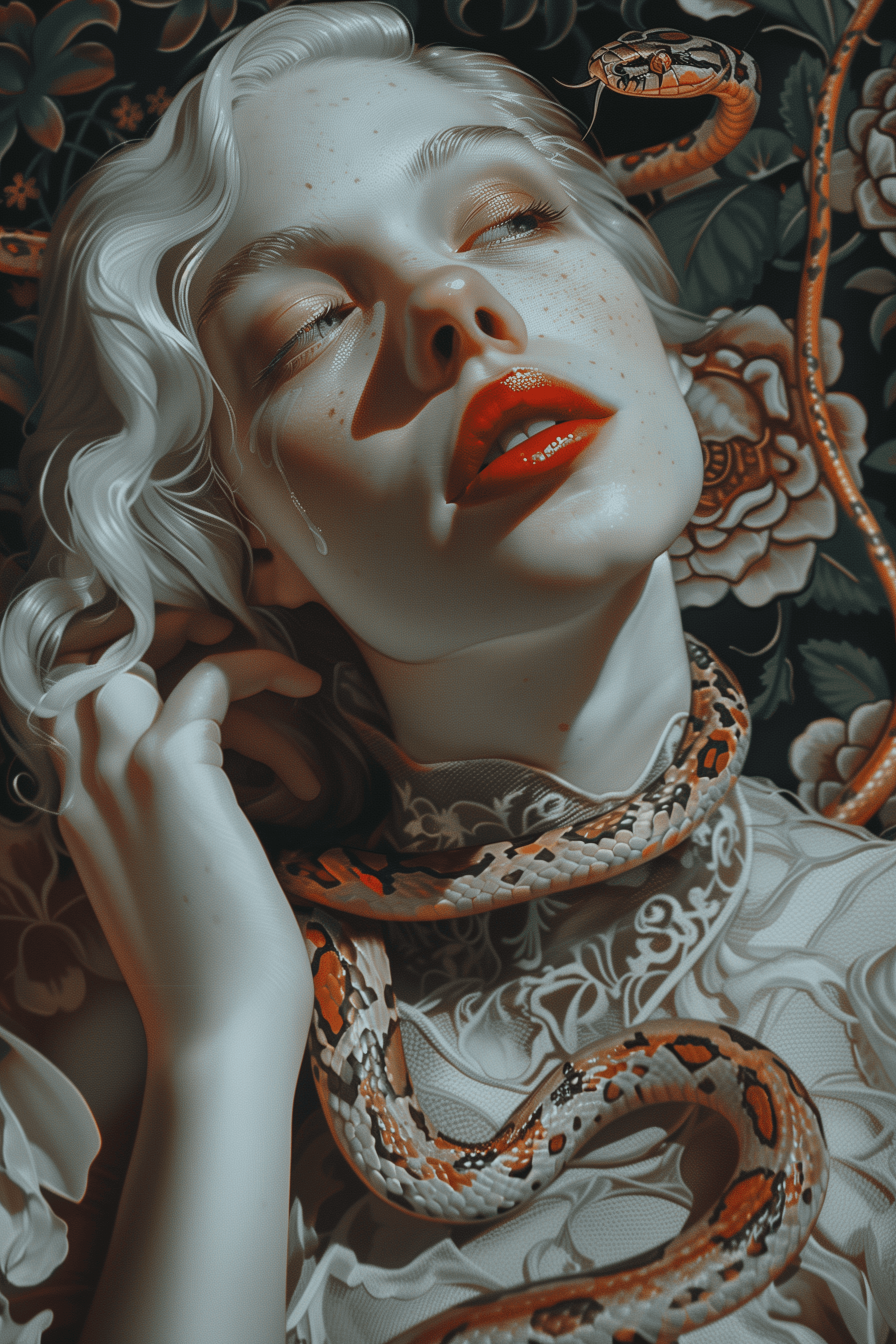AI generated: A portrait of an Art Deco woman with white hair and pale skin, she has red lipstick on her lips, the...