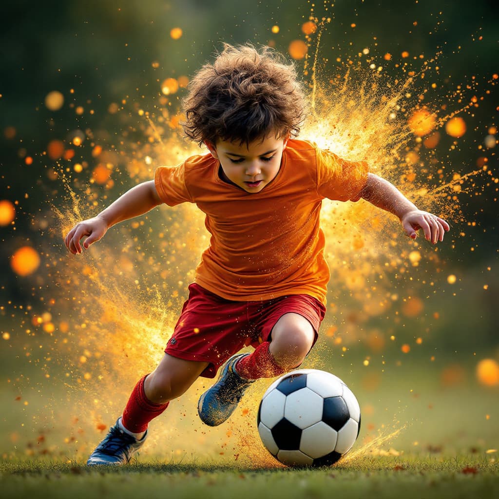 AI generated: un niño golpeando una pelota de futbol con tanta fuerza que parece un misil