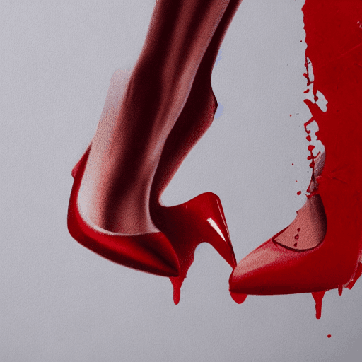 AI generated: dripping red paint across the shape of a female human, holding 
high heels ,realistic , high detail,...