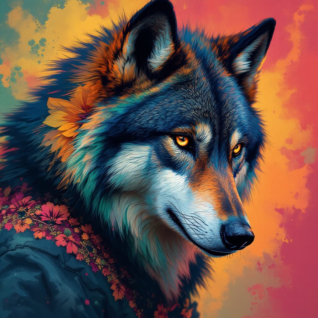 AI generated: Hawaiian artists, modern portrait series of a Wolf in colorful wear, in the style of aggressive digi...