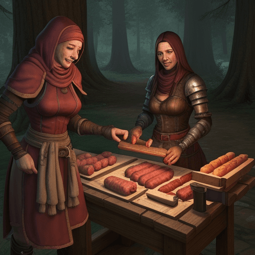 AI generated: Astarion baldurs gate 3 making sausages in the woods