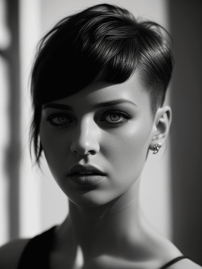 AI generated: A dramatic portrait of a young woman with a stylish haircut and piercing eyes. The photo is shot in ...