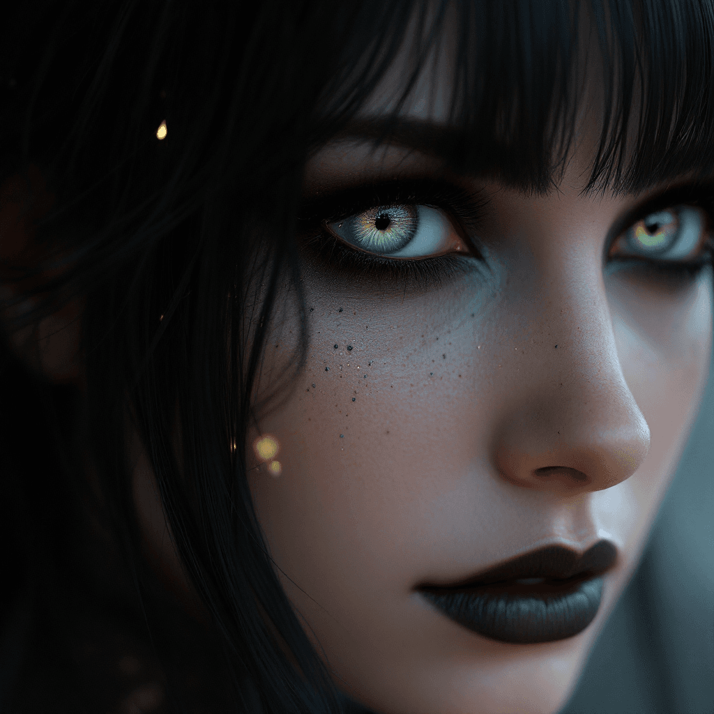 AI generated: a woman with green eyes, black goth makeup, in the style of realism with fantasy elements, daz3d, fi...