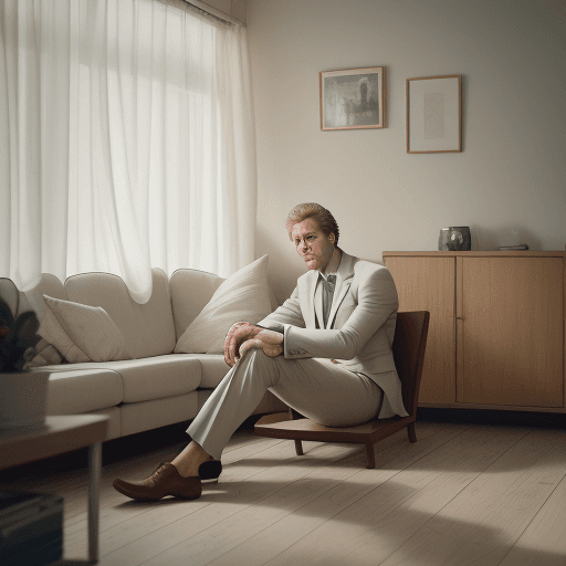 AI generated: High resolution photography interiportrait of a young man of 35 years old in a light-colored suit on...
