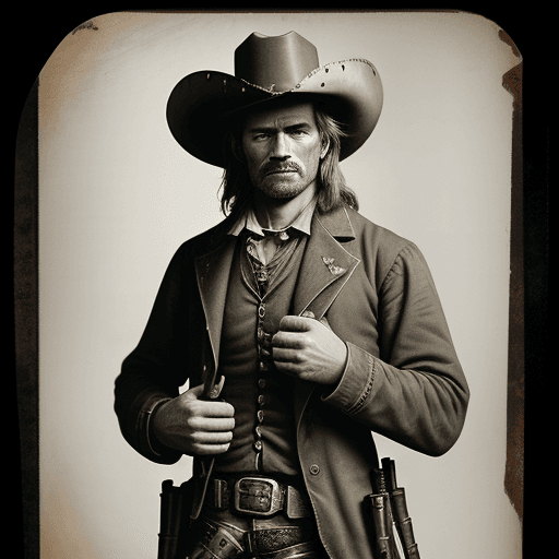 AI generated: western gunfighter, cowboy, saloon background, 1880's, hands render, tintype --ar 9:16 --v 4
