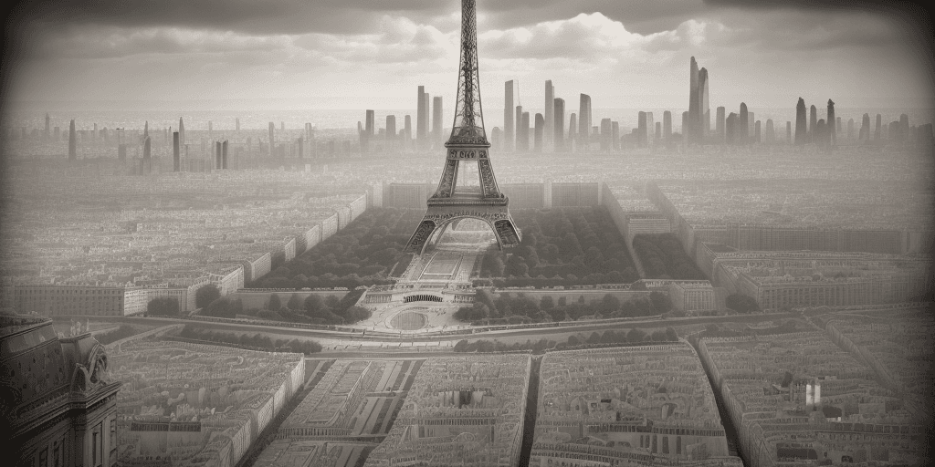 AI generated: Paris skyline in the 1920s including iconic images to feel like a mural, softly painted looking from...