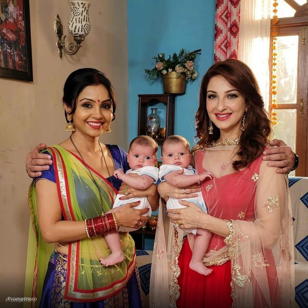 AI generated: Two women who breast feeding childs by pulling breast outside breast size mideum