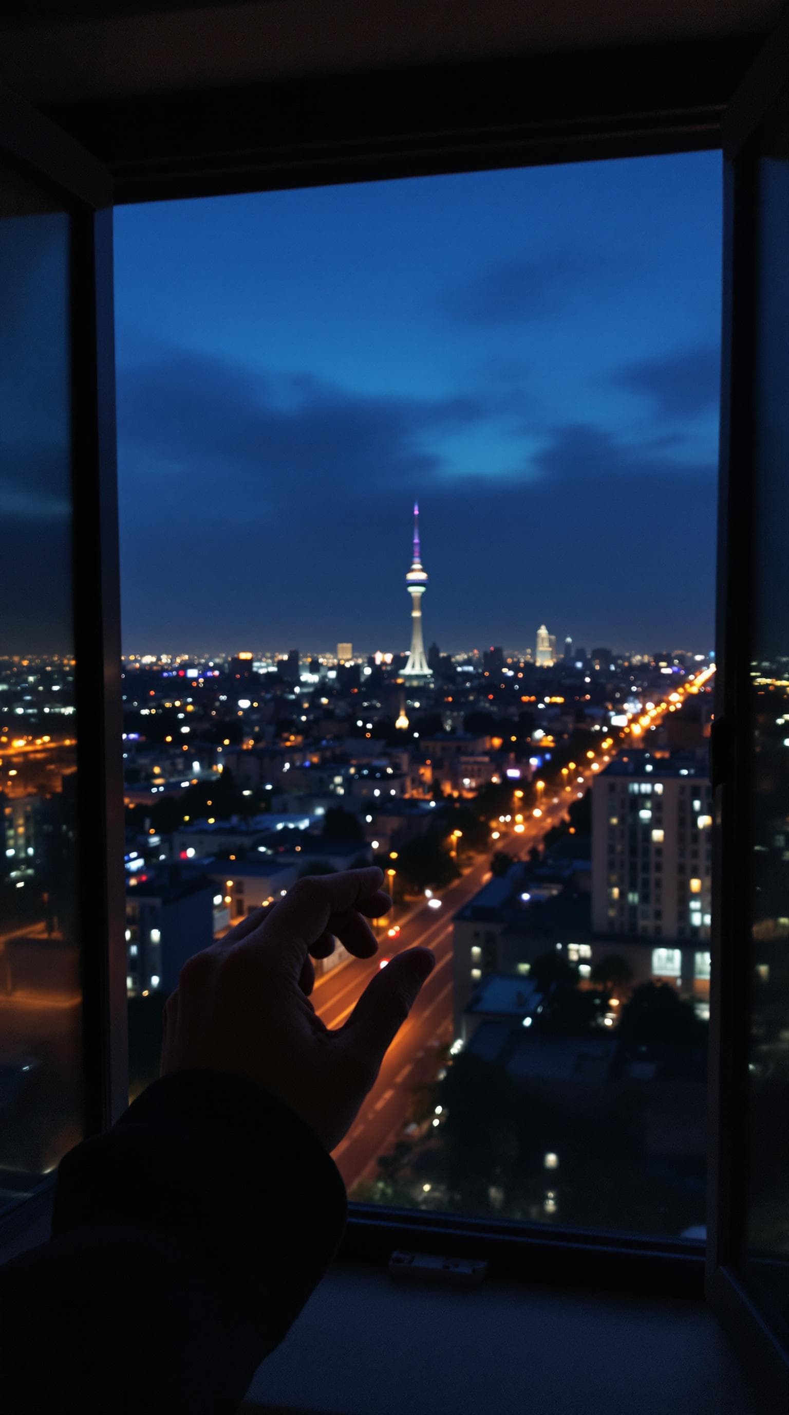 AI generated: POV first-person, I am standing by the open window, smoking a cigarette professionally, captured fro...