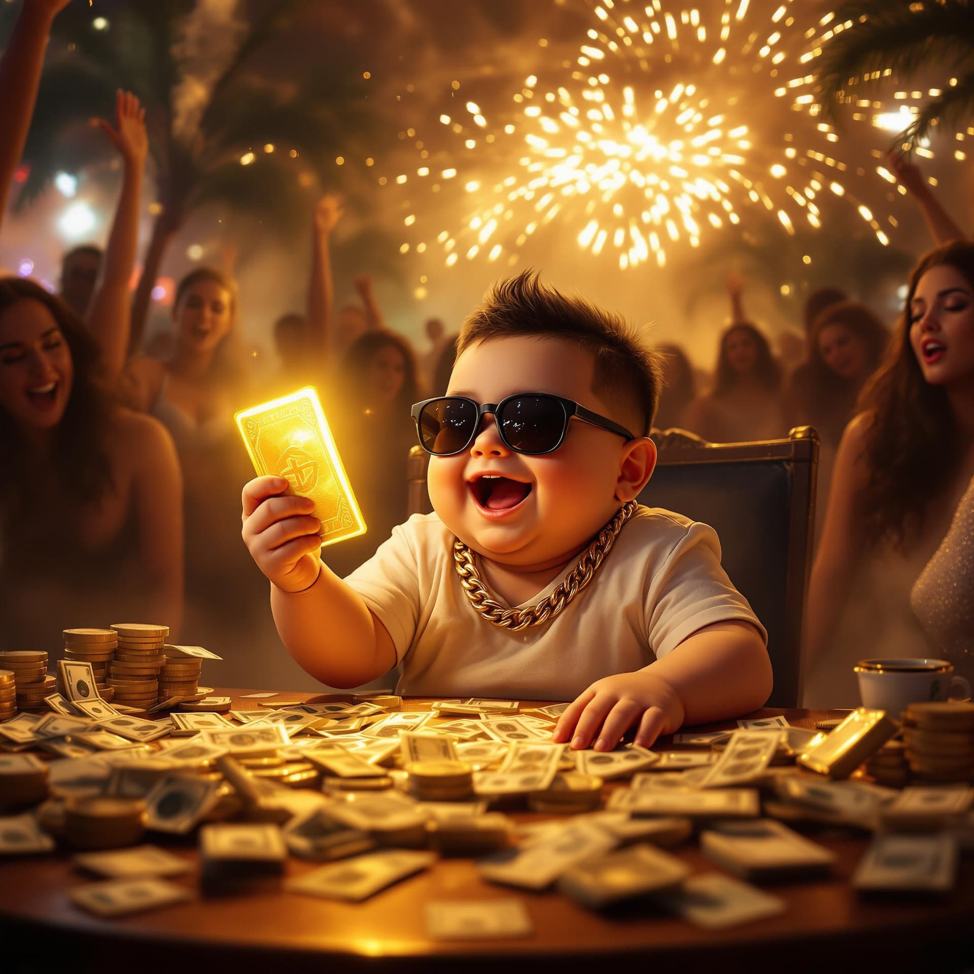AI generated: ONE LITTLE FAT MEXICAN WHITE 4 YEAR OLD BABYBOY WITH SUNGLASSES SITTING ON THE TABLE, FULL OF JOY, L...