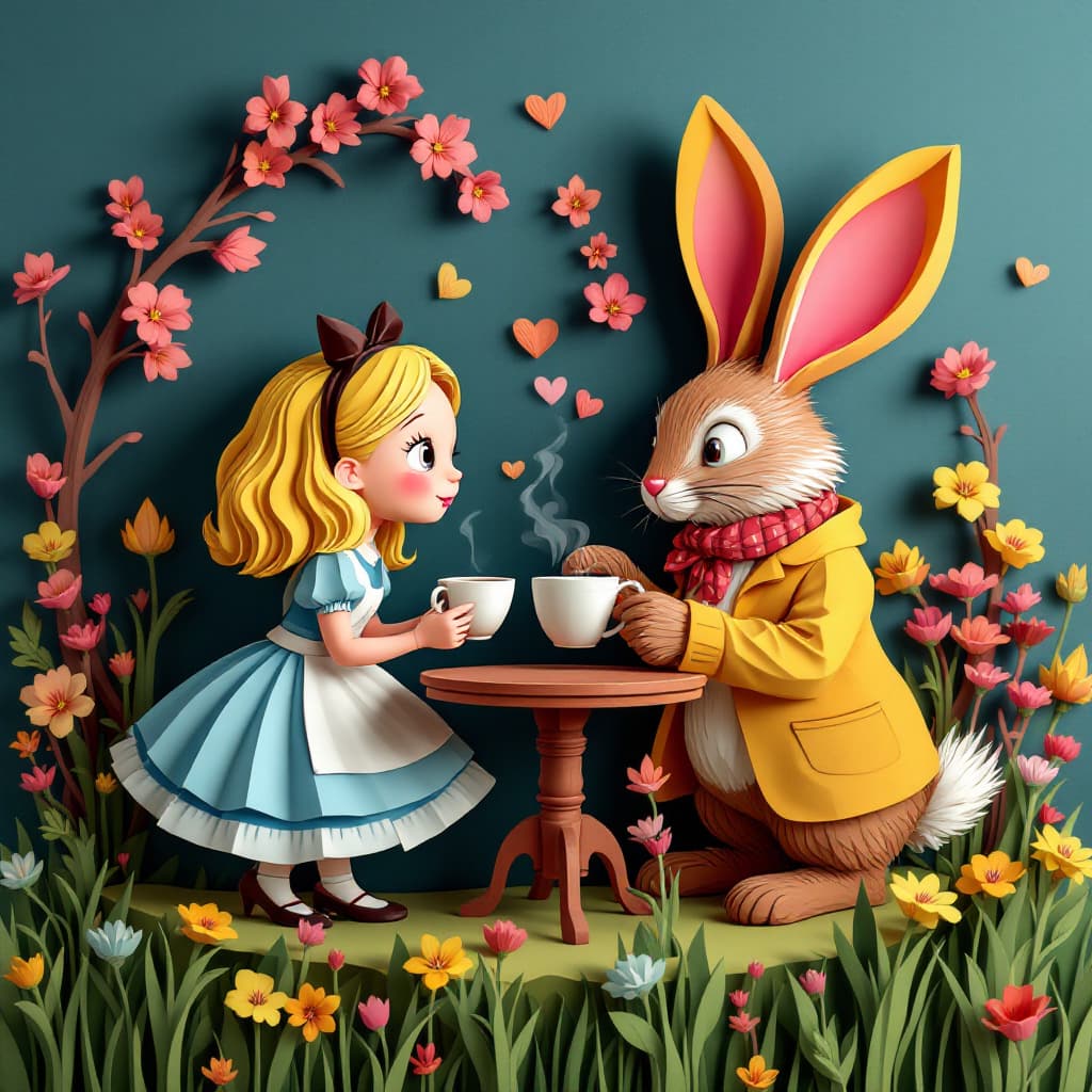 AI generated: prompt: Alice and the rabbit drinking coffee 3D paper art, a three-dimensional paper art illustratio...