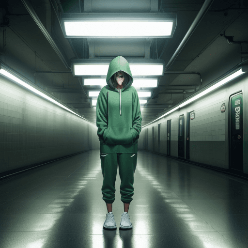 AI generated: Conceptual photography, Canon EOS-1D Mark III, aperture f/5. 6, green hooded sweatshirt and pants, w...