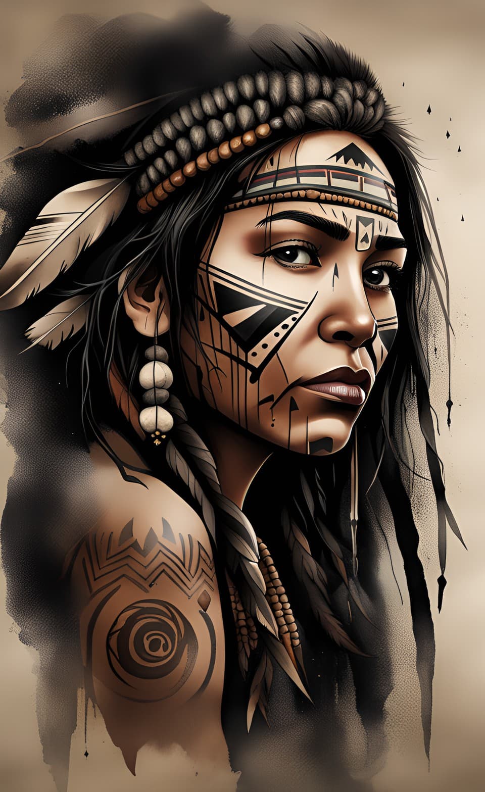 AI generated: A portrait of a female tribal huntress, long hair, grunge appearance, geometric pattern tattoos, pie...