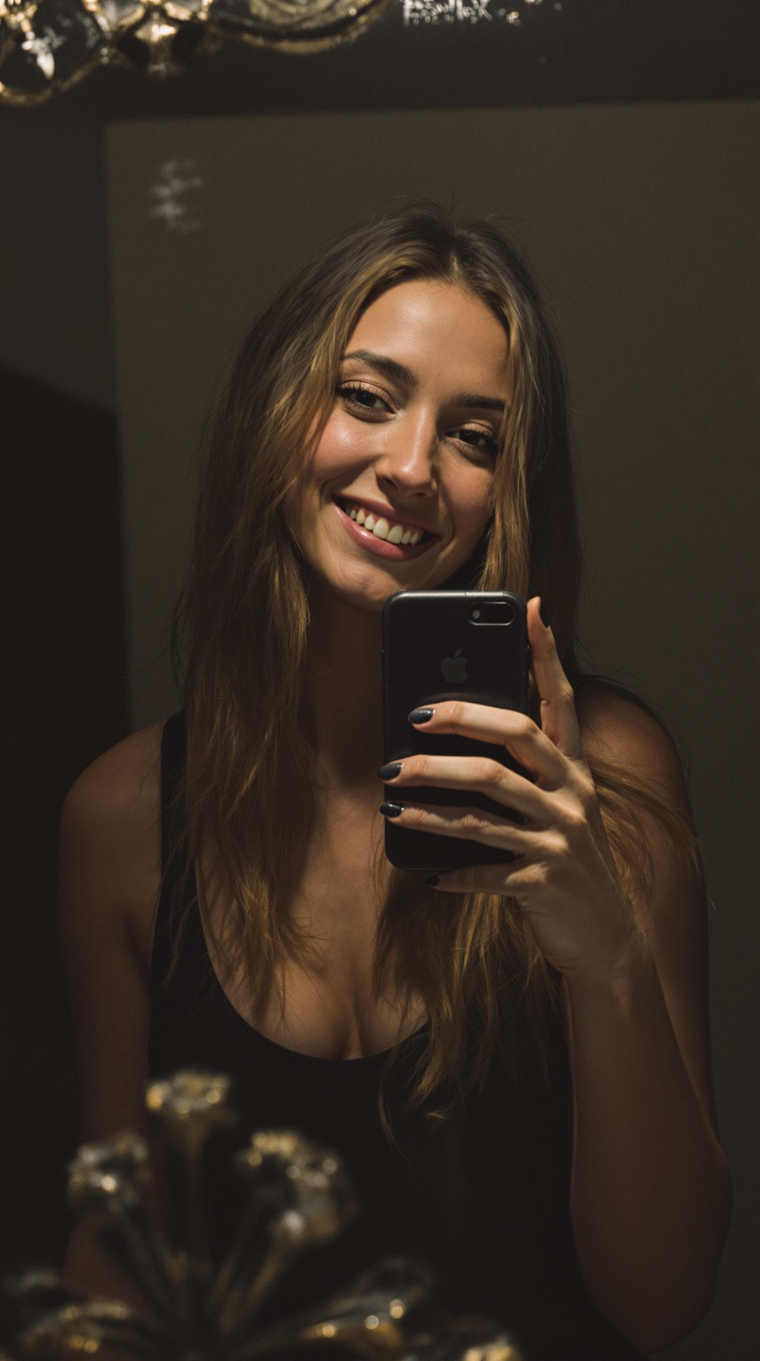 AI generated: A 30 year old polish woman, with bronze hair,  stands in front of a mirror, capturing a selfie. The ...