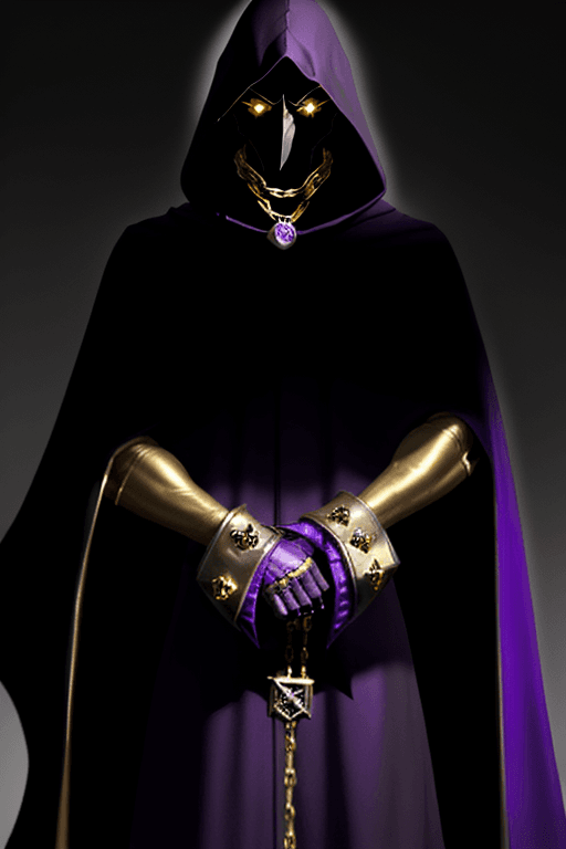 AI generated: Shadow wizard money gang, in purple cloak hood, dark face, gold chains and jewellery