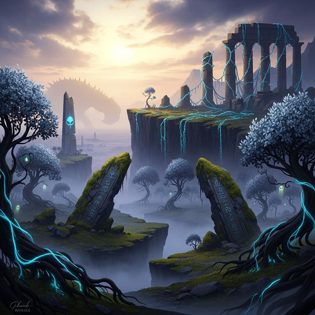 AI generated: Ancient, mysterious landscape in the far west of Westeros, forgotten by time and unmapped. Faint gol...