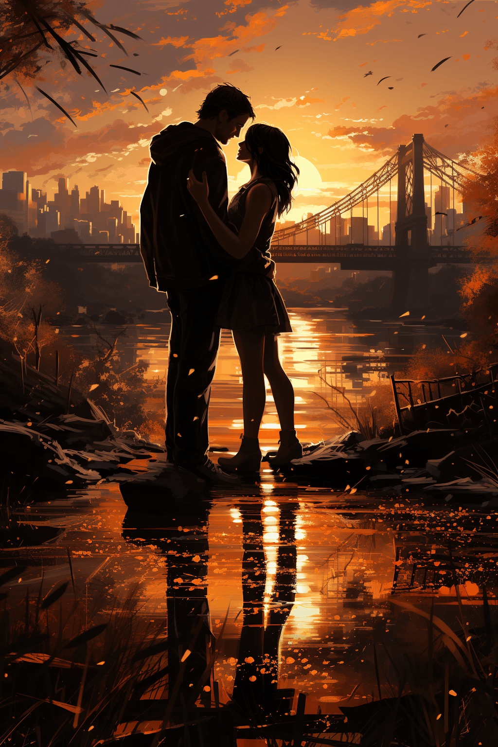 AI generated: ((masterpiece)), (best quality), (detailed), modern bridge, sunrise, couple kissing, peaceful ambian...