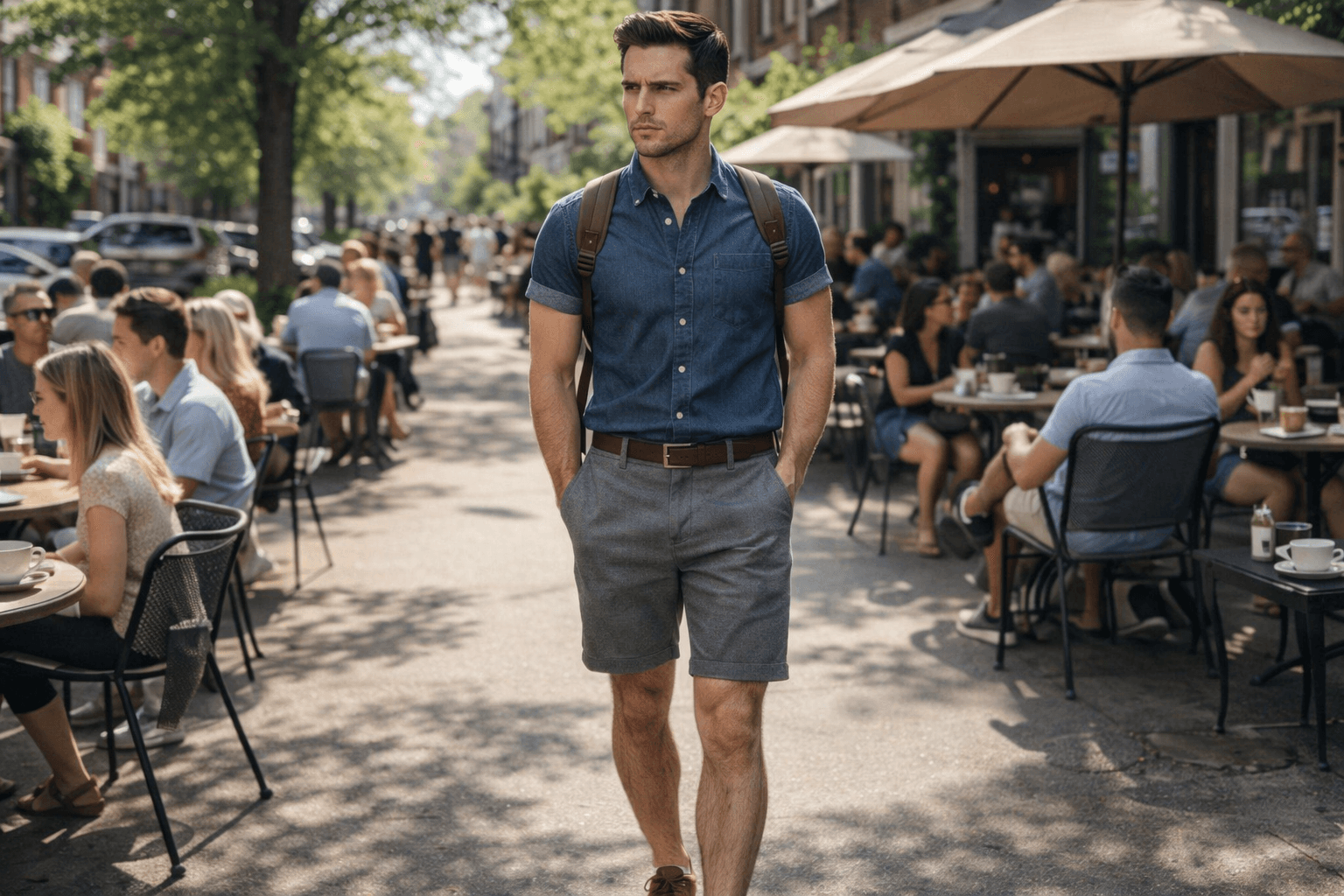 AI generated: In a sunny morning at a nice neighborhood. The model walking among a lot of people at a coffee shop ...