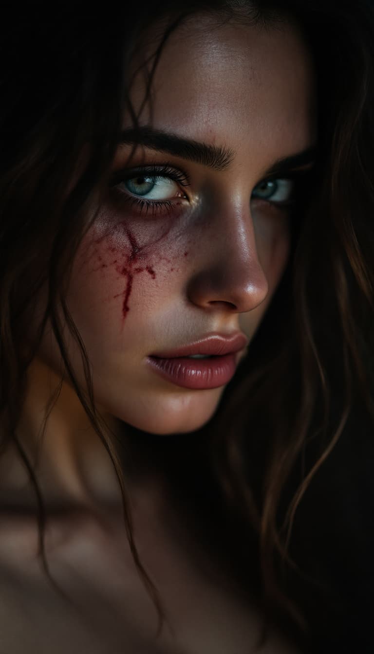 AI generated: high-resolution photograph, woman, ugly scar in the face, exposed body,  stunning use of shadows, in...