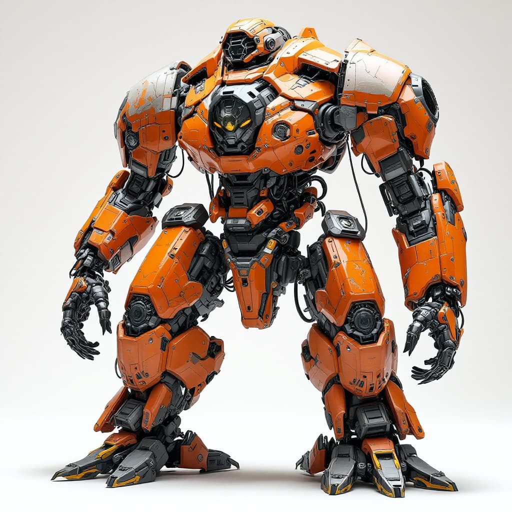 AI generated: Ultra Realistic, Urban Mecha, damaged orange amour, futuristic cyberpunk style and feel dark dystopi...