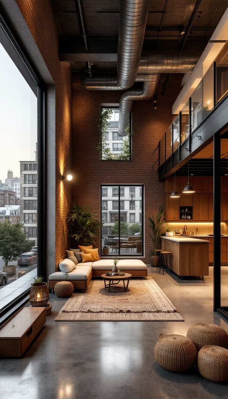 AI generated:  Cozy apartment building, brick and concrete fa\u00e7ade, wooden accents, industrial chic interiors,...