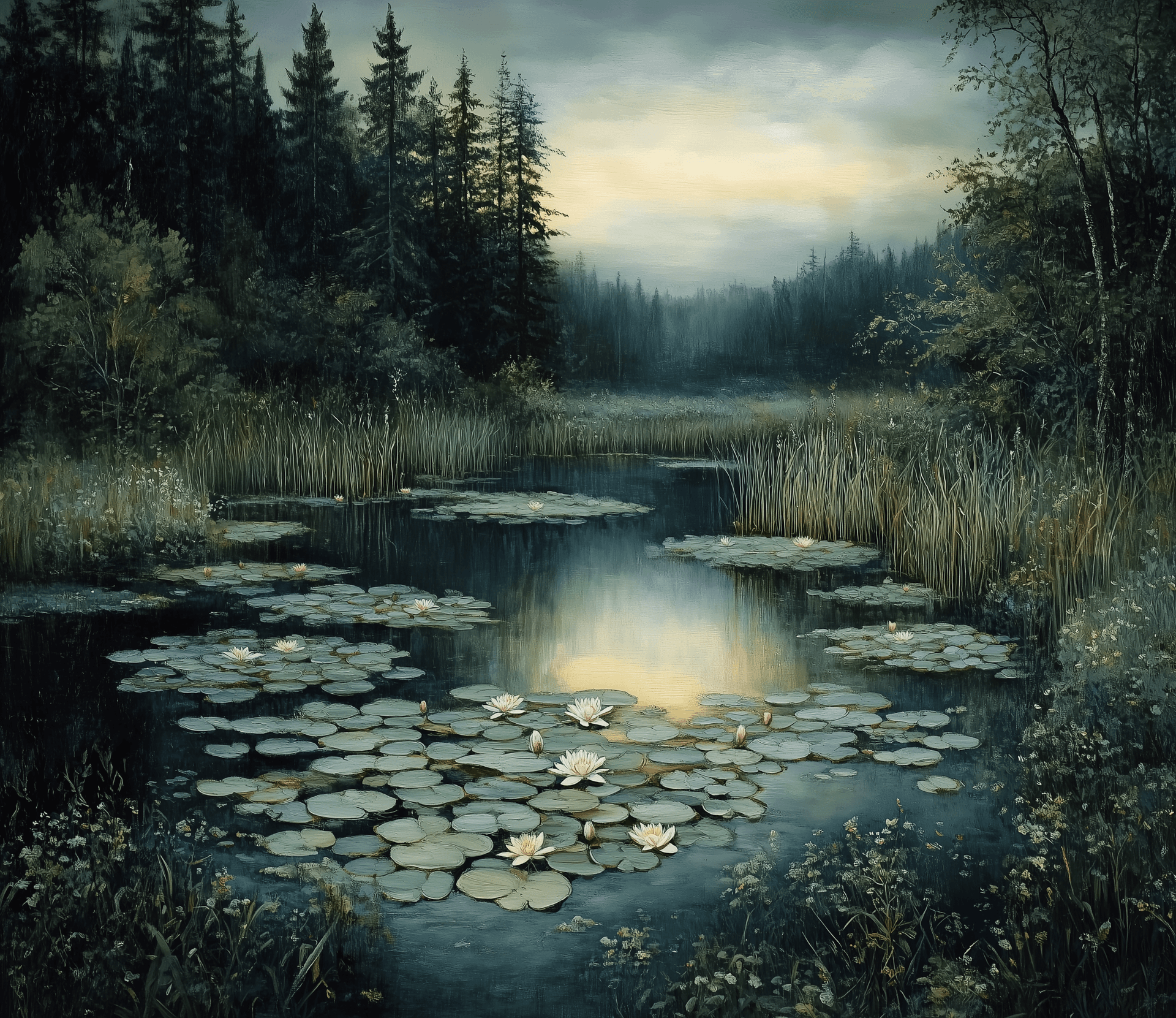 AI generated: A Renaissance painting of an isolated pond with lily pads and ducks, surrounded by tall grasses and ...