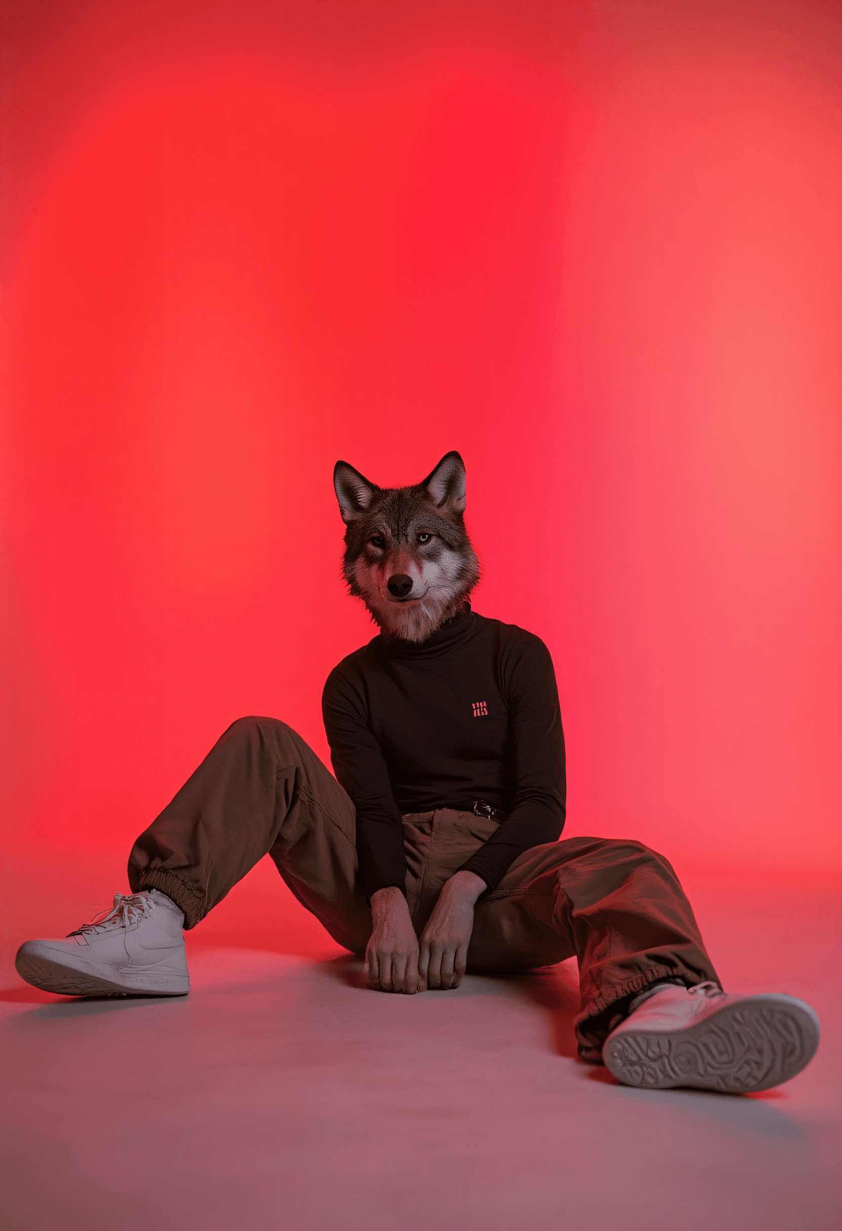 AI generated: A wolf sits casually on a minimalist white floor, sporting a realistic and stylish dark turtleneck. ...