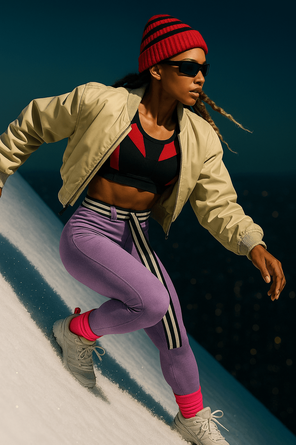 AI generated: {
  "title": "Athletic Winter Fashion Action Shot",
  "intent": "Capture a dynamic outdoor action ...