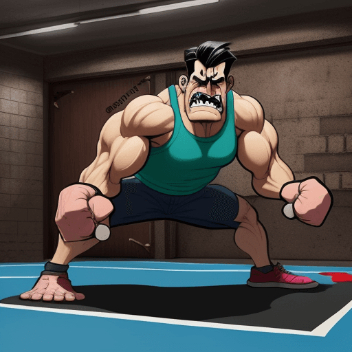 AI generated: A cartoon illustration of a evil deadite opening a cellar door in a gym floor speaking to a man doin...