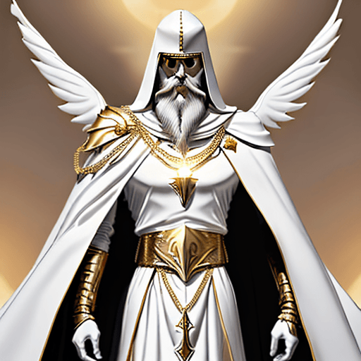 AI generated: A tall slender man with a long black beard wearing  white armor with a golden chain from the left sh...