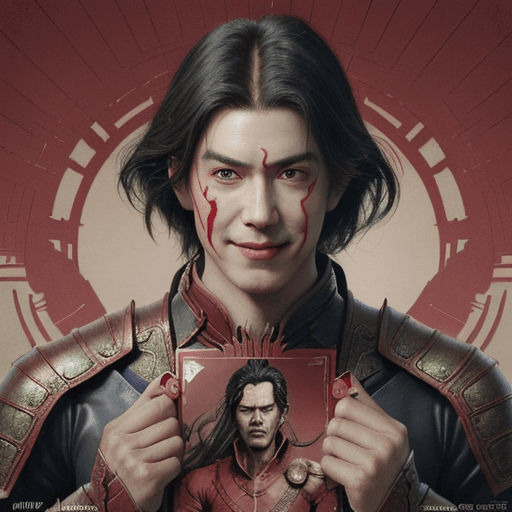 AI generated:  An red dragon  man dressed in a  costume, smiled, symmetrical facial features, front game card, Dra...