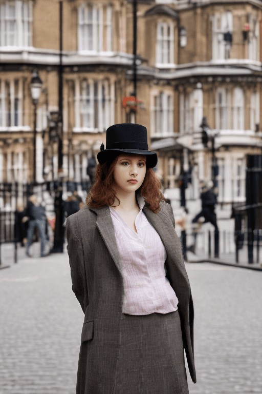 AI generated: gorgeous female dressed in sherlock holmes suit, standing on baker street, london, attractive, flirt...