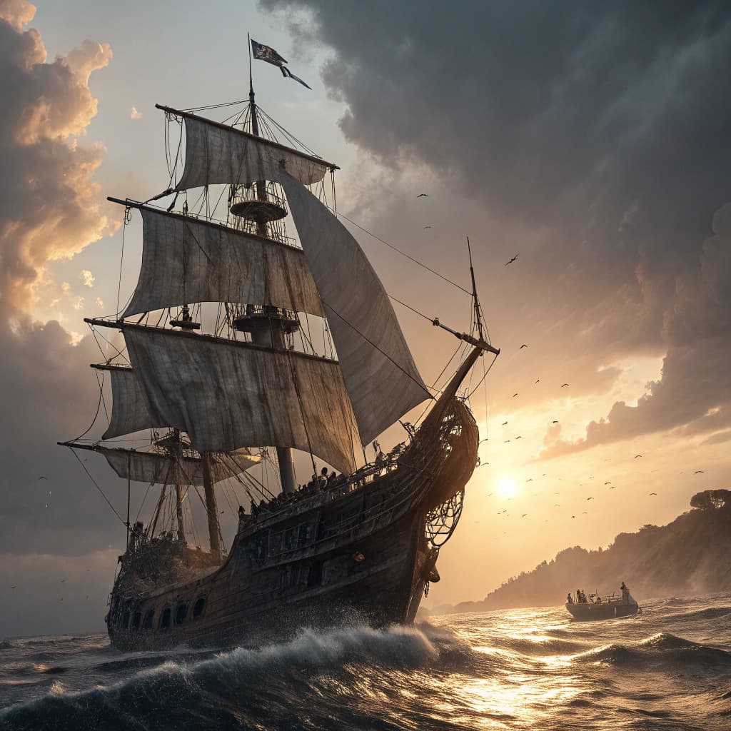 AI generated: Photo of a ultra realistic sailing ship, dramatic light, pale sunrise, cinematic lighting, battered,...