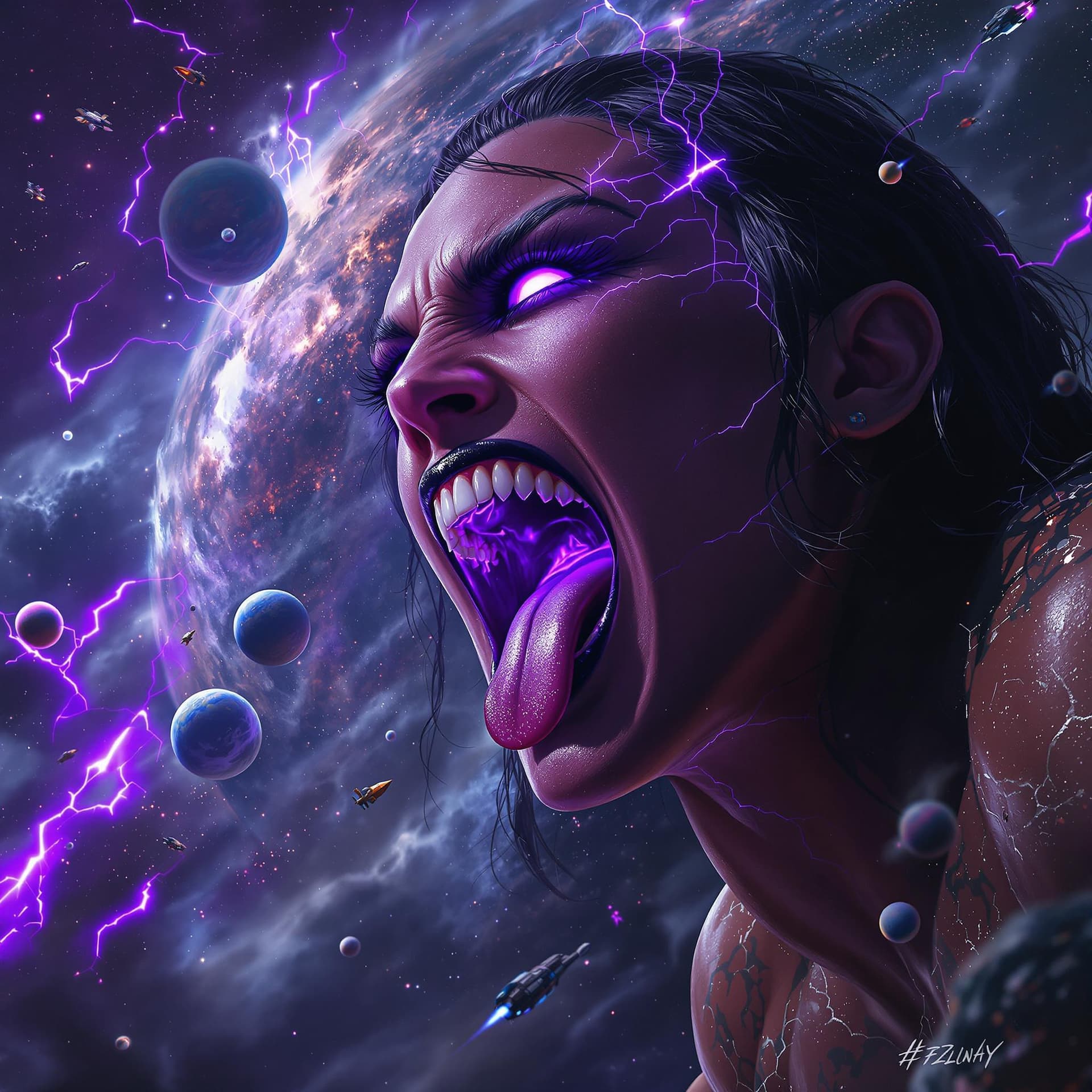 AI generated: enormous giantess Rhea Ripley  from WWE
bigger than a galaxy floating in space, minuscule planets in...