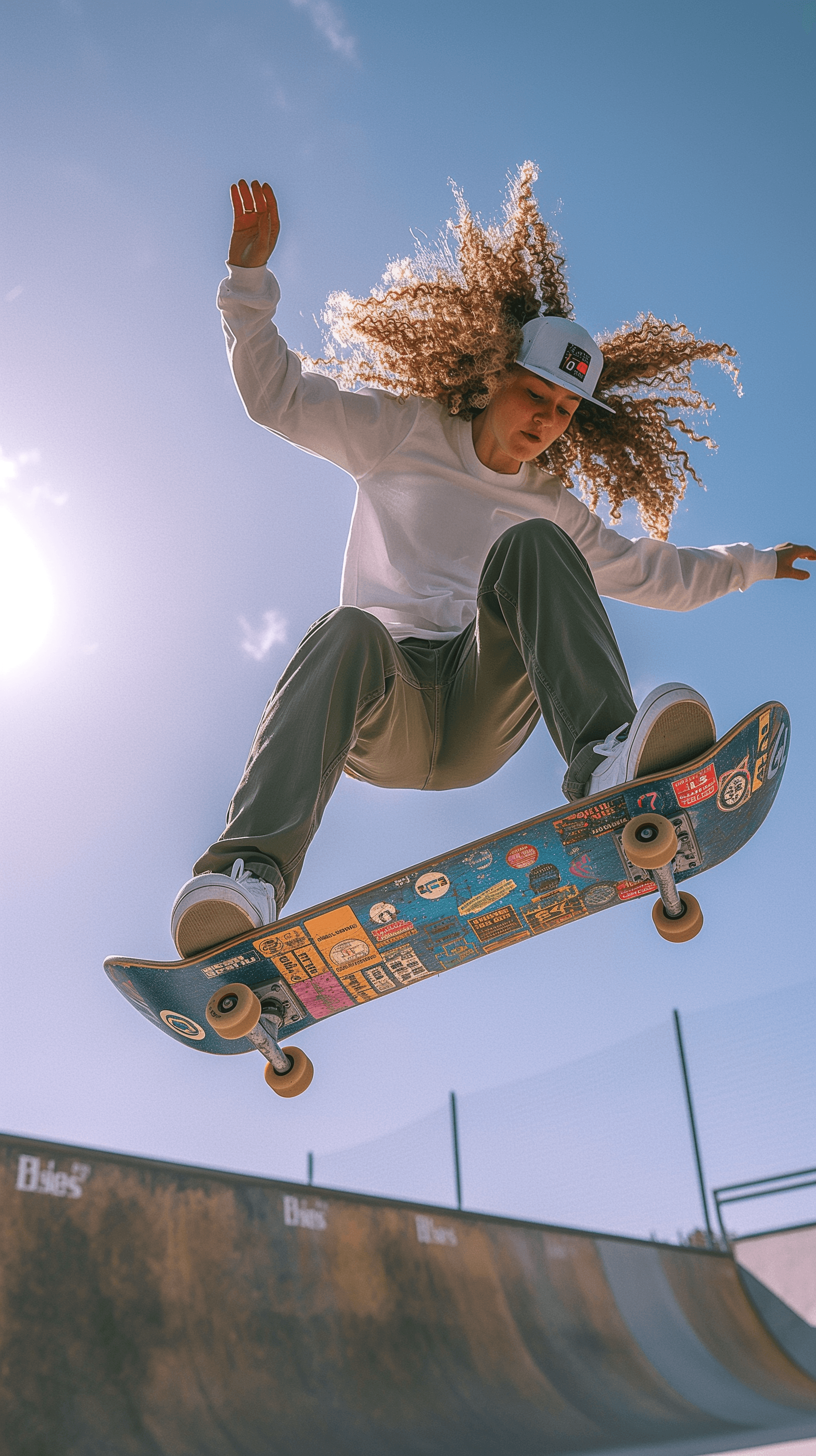 AI generated: photography, low shot, female skateboarder is captured mid-flight above a skatepark ramp, cap backwa...