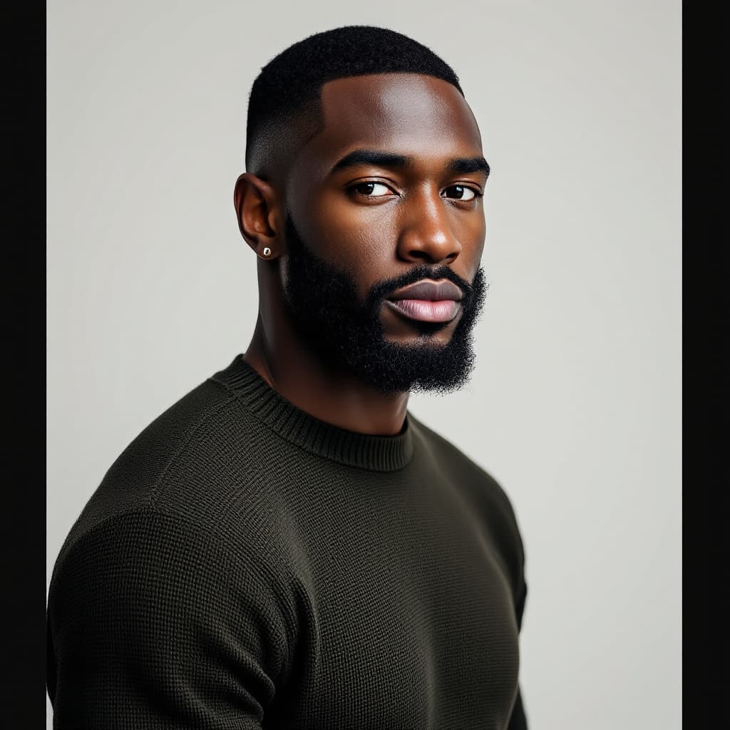 AI generated: Professional photo of a 28-year-old handsome Black man with medium-dark skin, short fade haircut, fu...