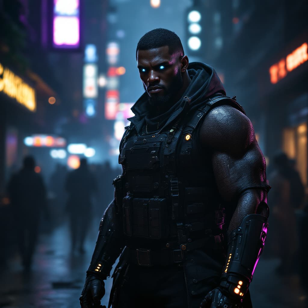 AI generated: photo of a black muscular strong african soldier with cyberlimbs, cybereyes, black mantle jacket, bu...
