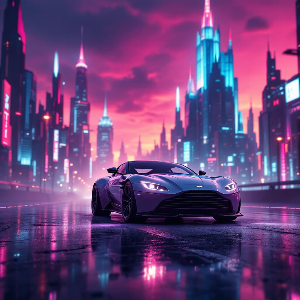 AI generated: Night city, close up digital art of a stunning Aston Martin sports car,  looking at the viewer,   fu...