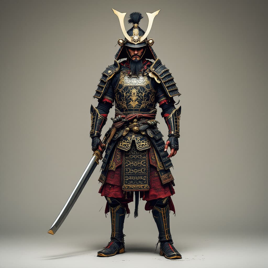 AI generated: A full body photo shot of a ((tattoo)) of a Chinese Armored Samurai Warrior, influenced by chinese c...