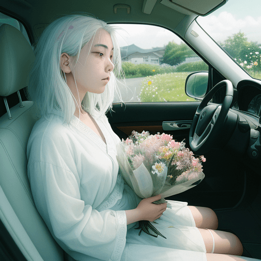 AI generated: a girl with white hair sitting in car filled withflowers, art by Rinko Kawauchi, in the style ofnatu...