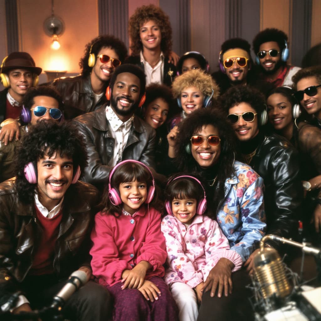 AI generated: A lively 1980s recording studio scene, showing a diverse group of musicians and artists, all wearing...